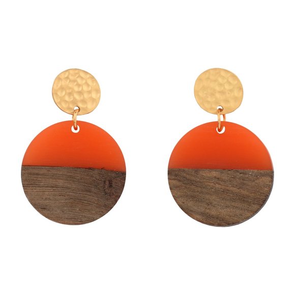 Orange Wooden Geometric Earrings‎ - Round Circle Acrylic Resin Lightweight Wood - Picture 3 of 5